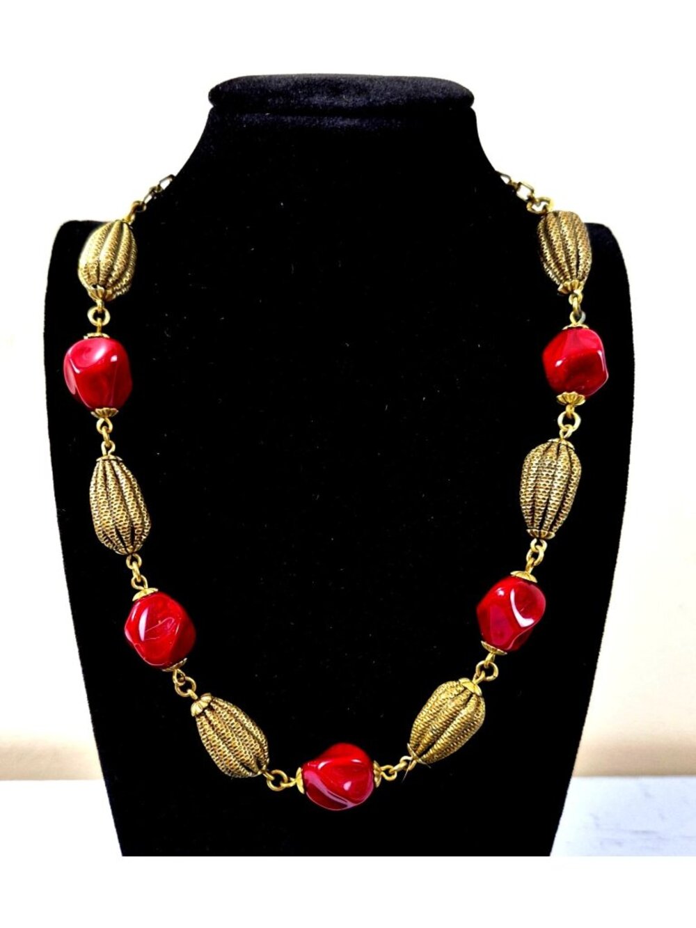 Vintage Trifari Red Faux Coral Lucite Bead Gold Tone Necklace Adjustable